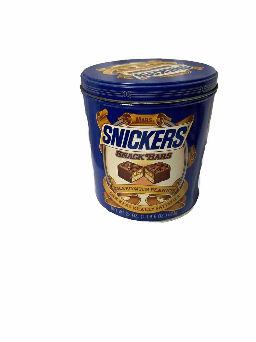 Vintage Snickers Snack Bars Mars Metal 1984 Tin Can Canisters Lid 6" Tall x 5.5"